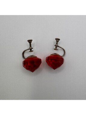 Vintage Red Rivoli Glass 925 Sterling Silver Screw Back Earrings Faceted Retro